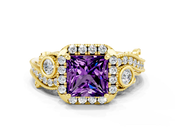 Yellow gold Princess Cut Amethyst Halo Ring with Milgrain Pavé Band and Four-Prong Setting