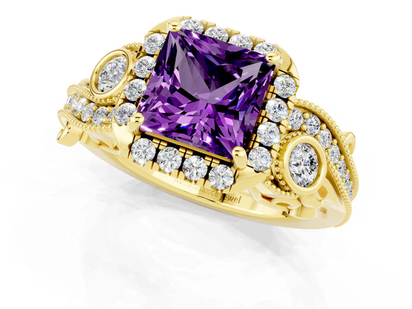 Yellow gold Princess Cut Amethyst Halo Ring with Milgrain Pavé Band and Four-Prong Setting