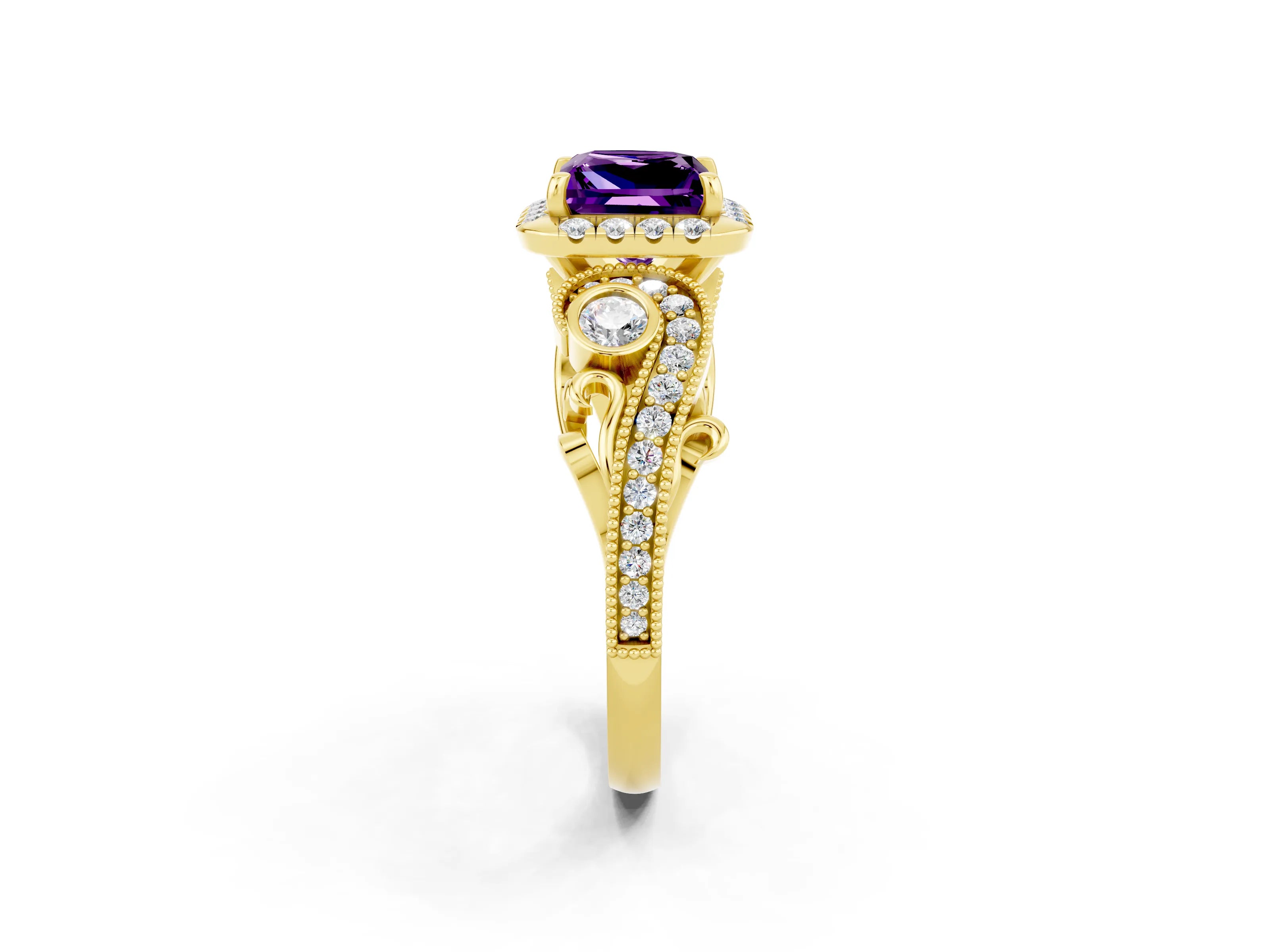 Yellow gold Princess Cut Amethyst Halo Ring with Milgrain Pavé Band and Four-Prong Setting_14