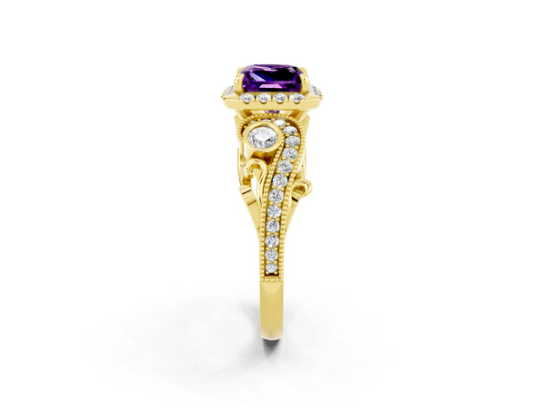 Yellow gold Princess Cut Amethyst Halo Ring with Milgrain Pavé Band and Four-Prong Setting