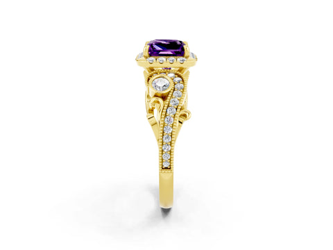 Yellow gold Princess Cut Amethyst Halo Ring with Milgrain Pavé Band and Four-Prong Setting_14