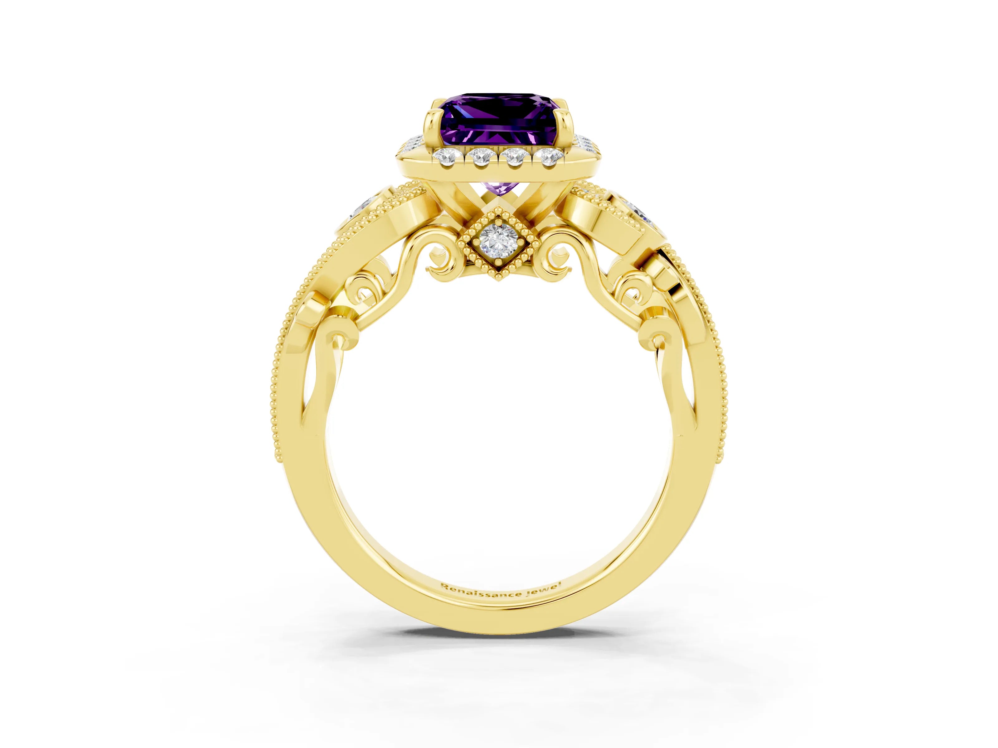 Yellow gold Princess Cut Amethyst Halo Ring with Milgrain Pavé Band and Four-Prong Setting_15