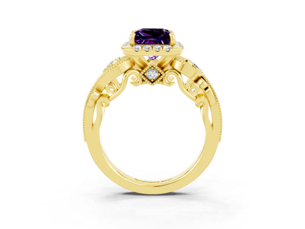 Yellow gold Princess Cut Amethyst Halo Ring with Milgrain Pavé Band and Four-Prong Setting