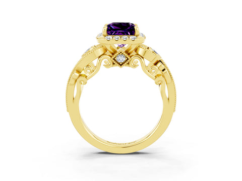 Yellow gold Princess Cut Amethyst Halo Ring with Milgrain Pavé Band and Four-Prong Setting_15
