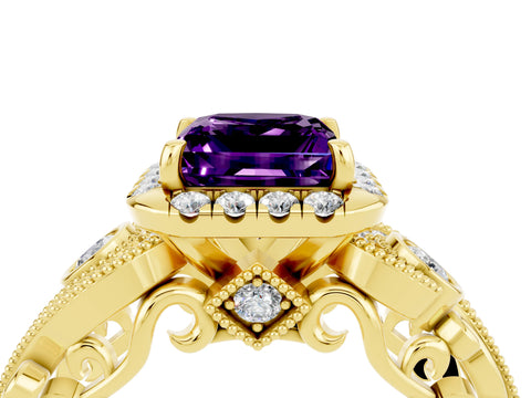 Yellow gold Princess Cut Amethyst Halo Ring with Milgrain Pavé Band and Four-Prong Setting_16