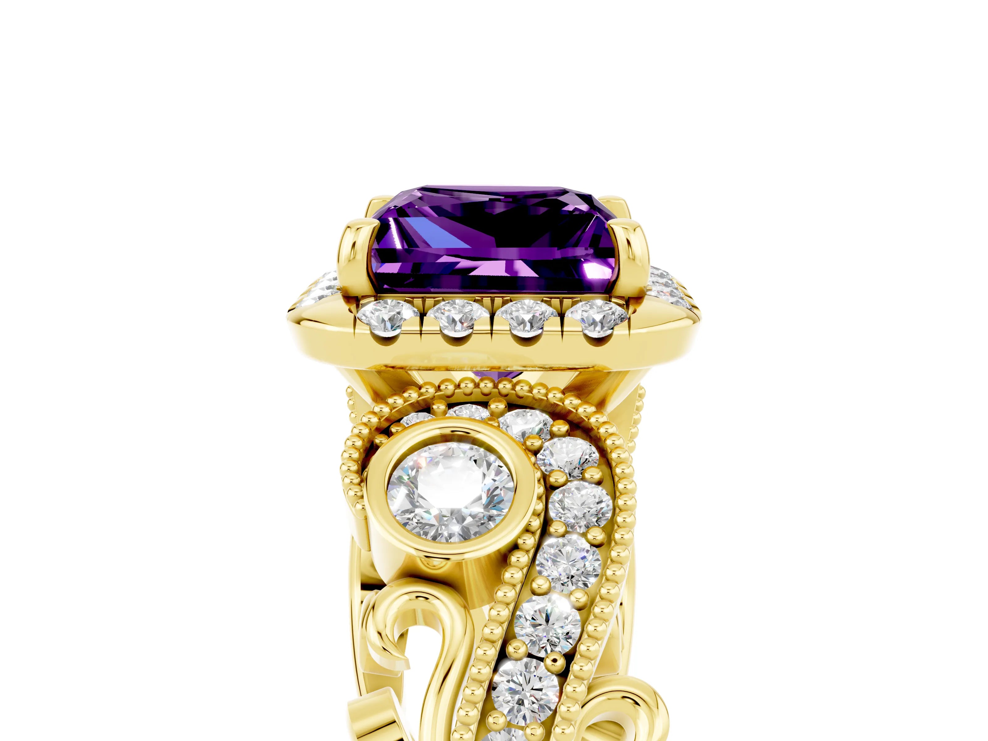 Yellow gold Princess Cut Amethyst Halo Ring with Milgrain Pavé Band and Four-Prong Setting_17