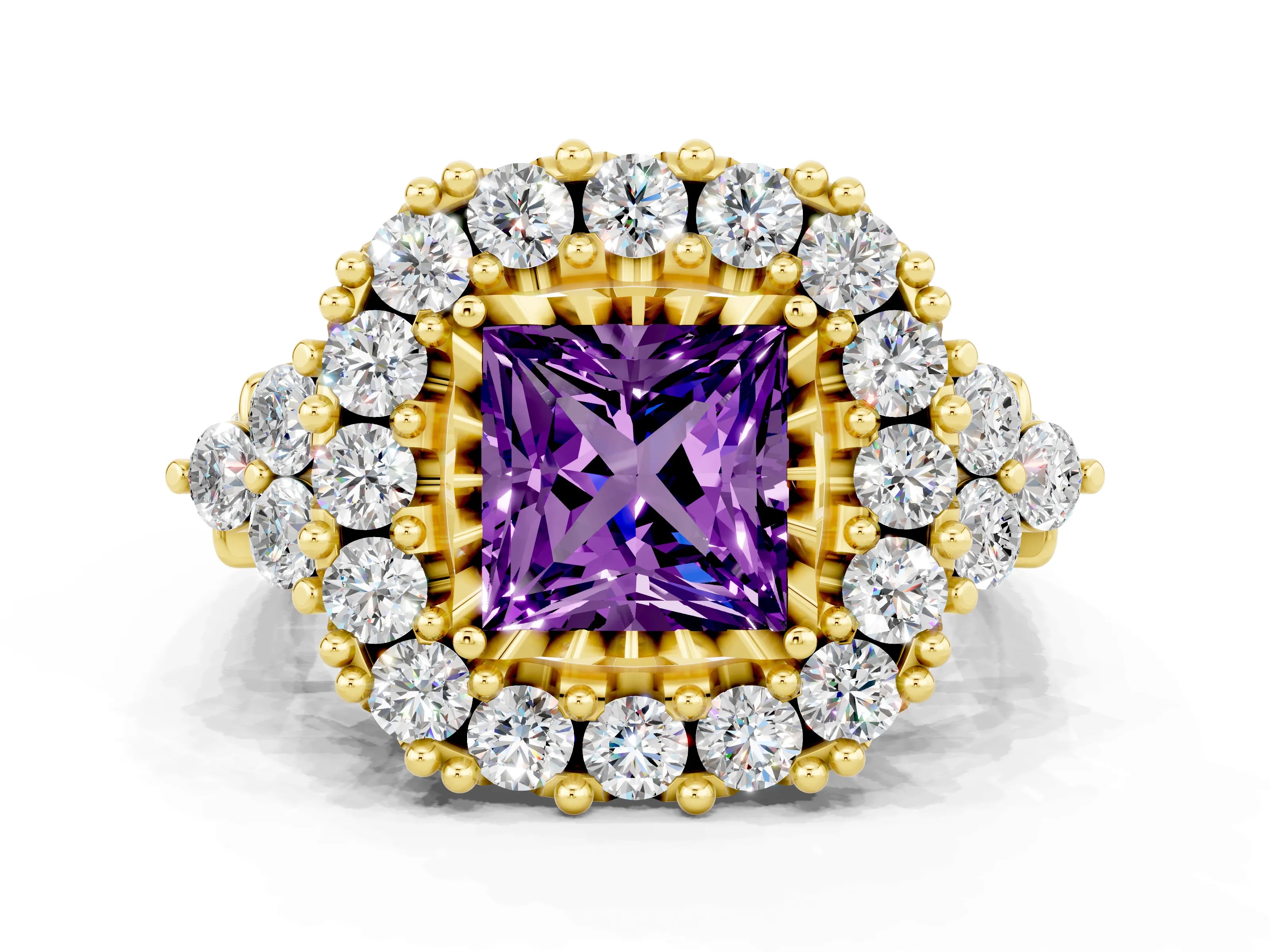 Yellow gold Princess Cut Amethyst Halo Ring with Pavé Band and Four-Prong Setting_12
