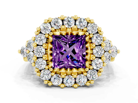 Yellow gold Princess Cut Amethyst Halo Ring with Pavé Band and Four-Prong Setting_12