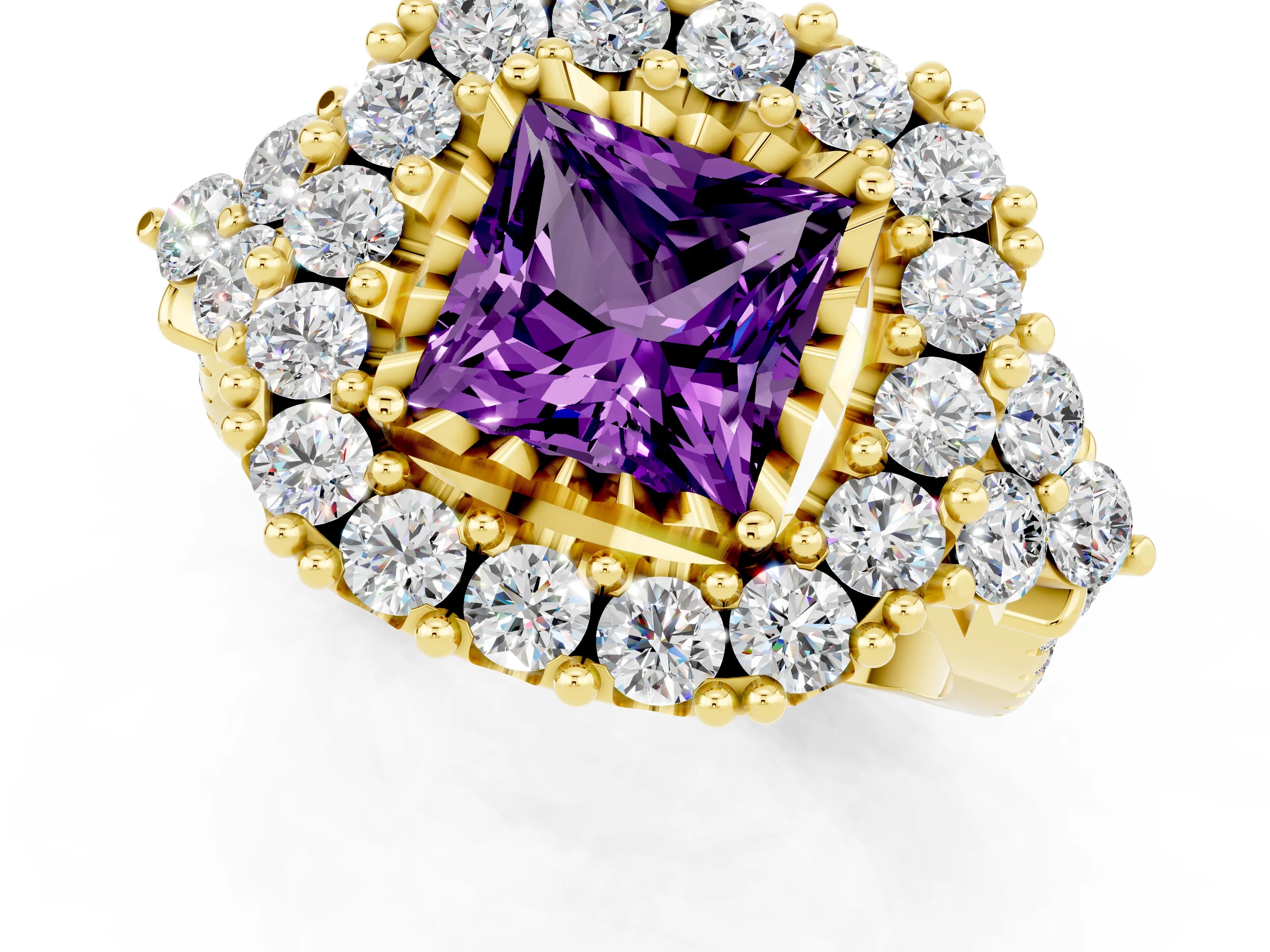 Yellow gold Princess Cut Amethyst Halo Ring with Pavé Band and Four-Prong Setting_13