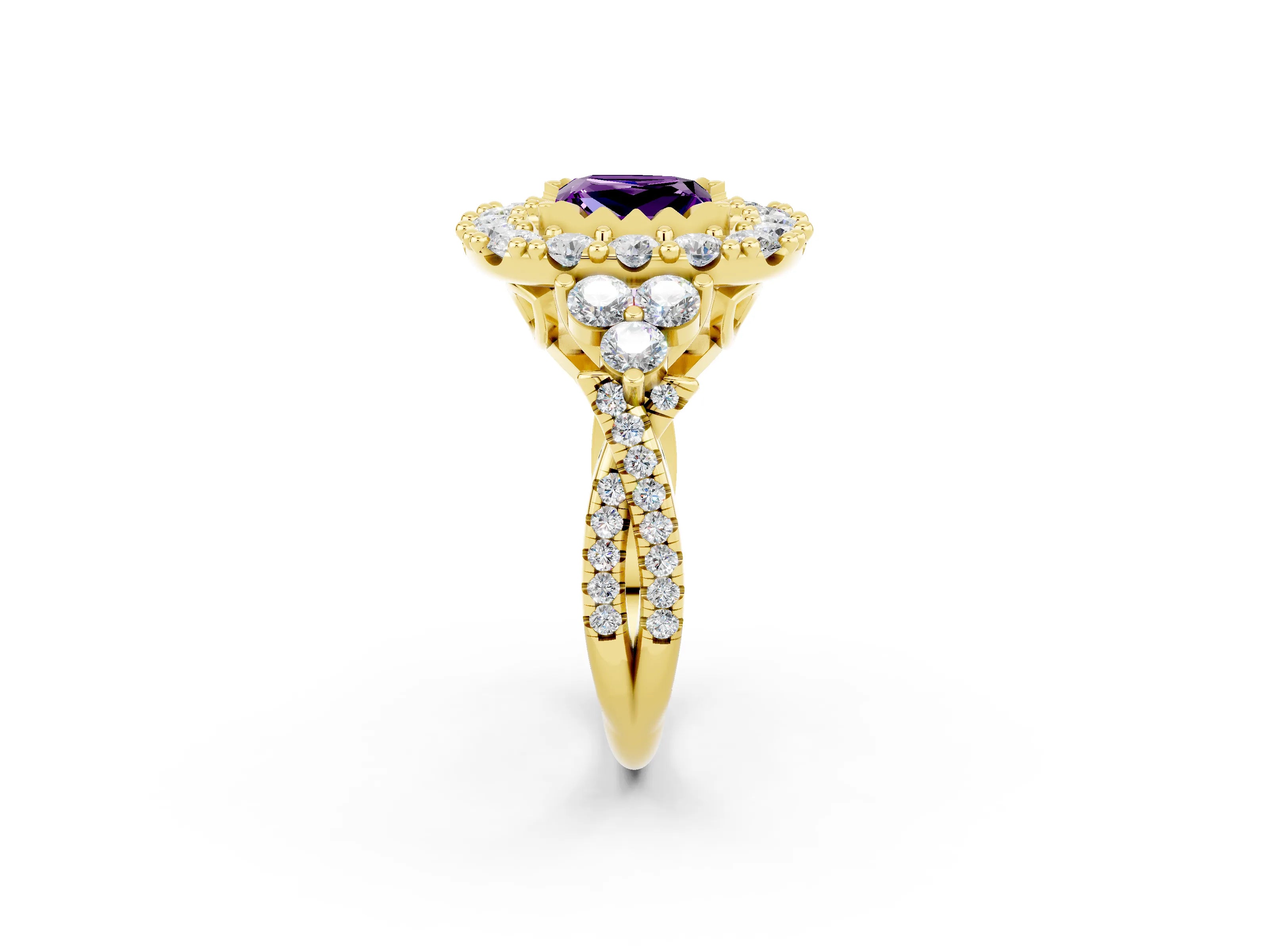 Yellow gold Princess Cut Amethyst Halo Ring with Pavé Band and Four-Prong Setting_14