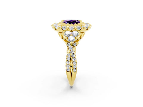 Yellow gold Princess Cut Amethyst Halo Ring with Pavé Band and Four-Prong Setting_14