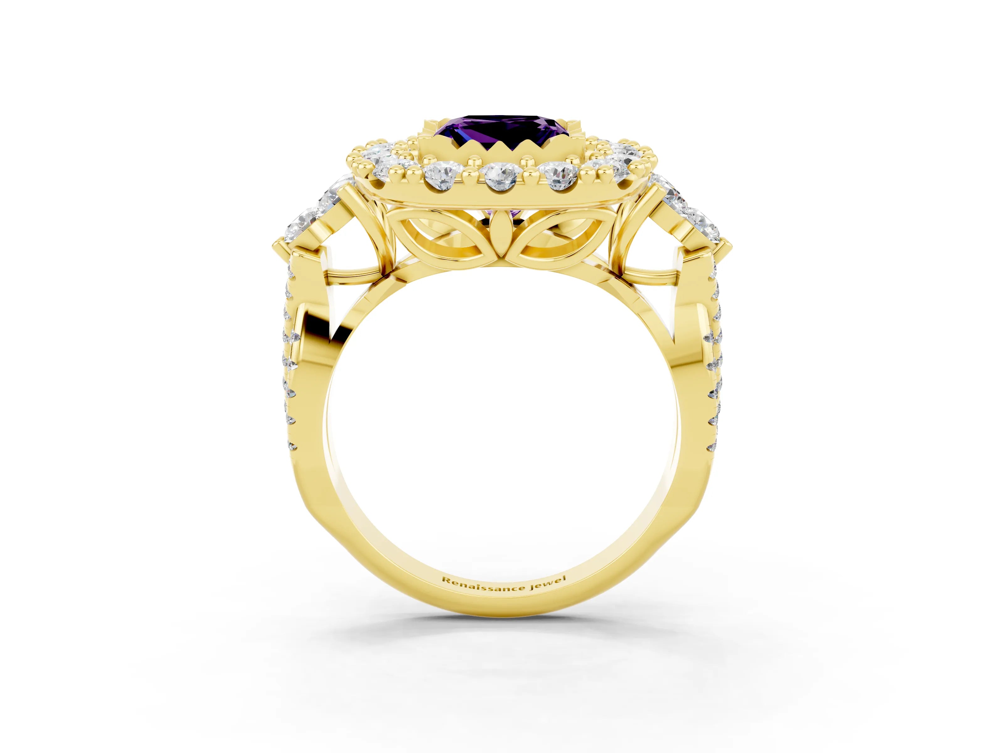 Yellow gold Princess Cut Amethyst Halo Ring with Pavé Band and Four-Prong Setting_15