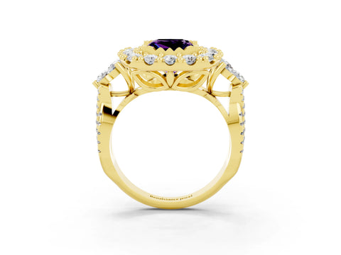 Yellow gold Princess Cut Amethyst Halo Ring with Pavé Band and Four-Prong Setting_15