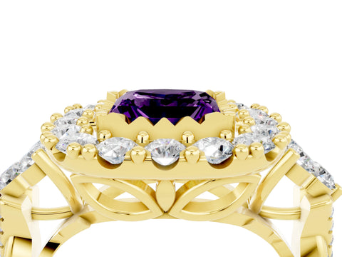 Yellow gold Princess Cut Amethyst Halo Ring with Pavé Band and Four-Prong Setting_16