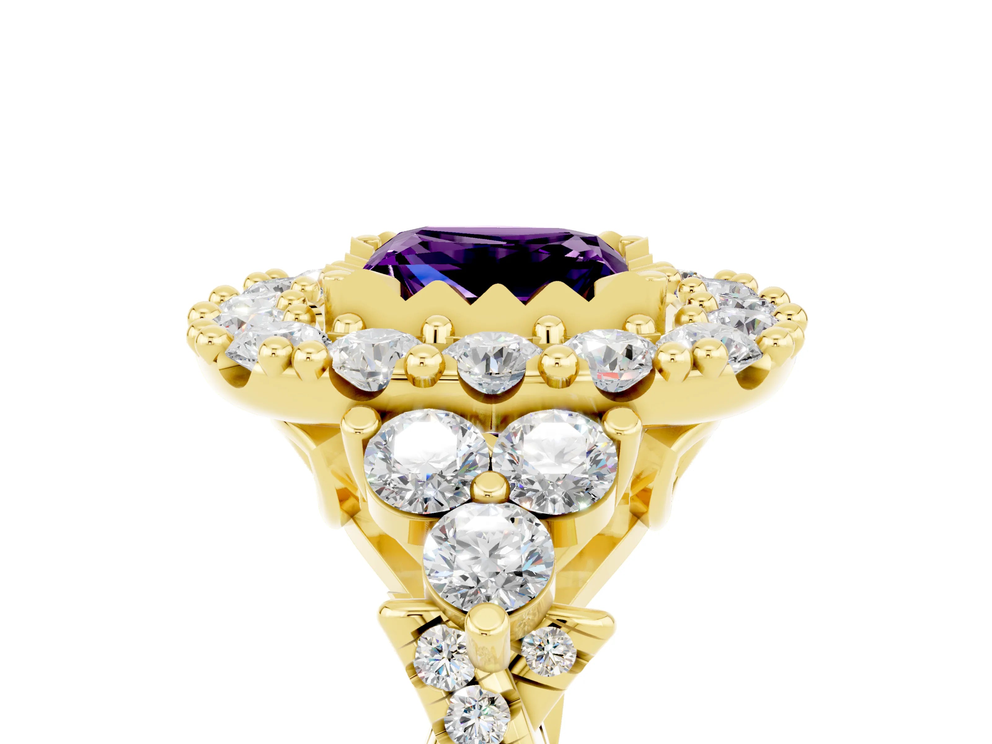 Yellow gold Princess Cut Amethyst Halo Ring with Pavé Band and Four-Prong Setting_17