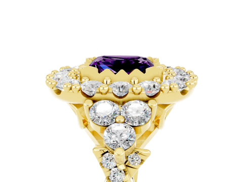 Yellow gold Princess Cut Amethyst Halo Ring with Pavé Band and Four-Prong Setting_17