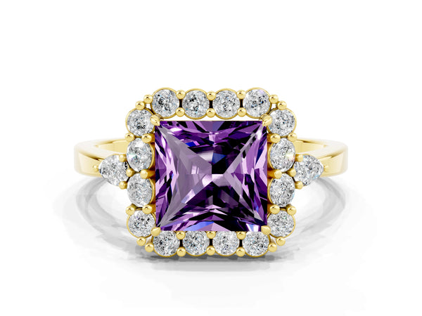 Yellow gold Princess Cut Amethyst Halo Ring with Pear Side Stones and Prong Setting