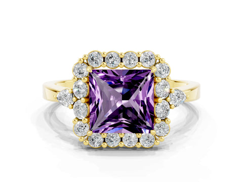 Yellow gold Princess Cut Amethyst Halo Ring with Pear Side Stones and Prong Setting_12