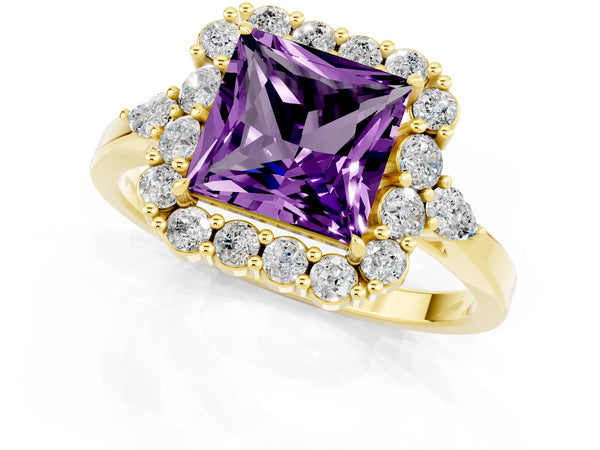 Yellow gold Princess Cut Amethyst Halo Ring with Pear Side Stones and Prong Setting