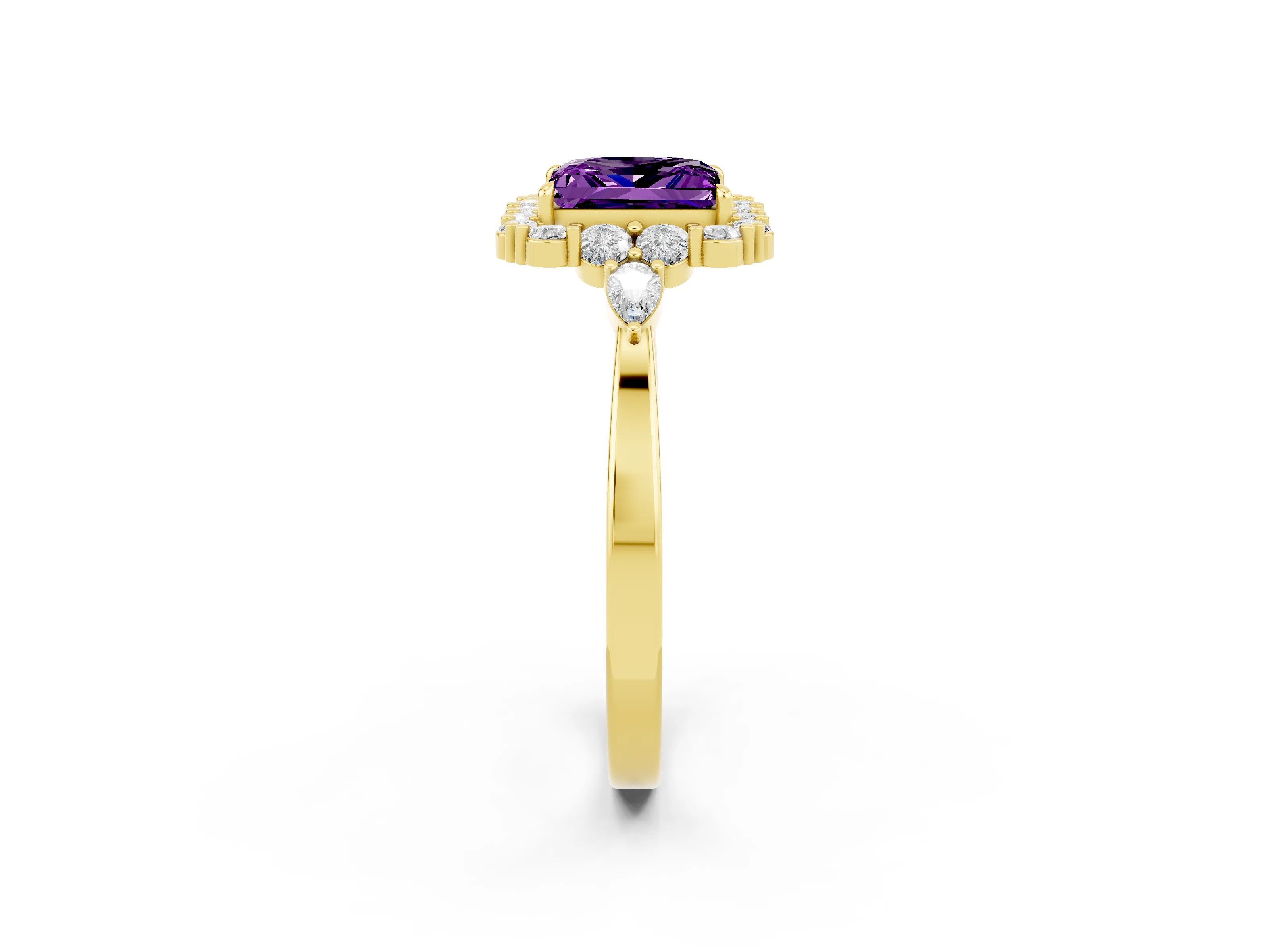 Yellow gold Princess Cut Amethyst Halo Ring with Pear Side Stones and Prong Setting_14