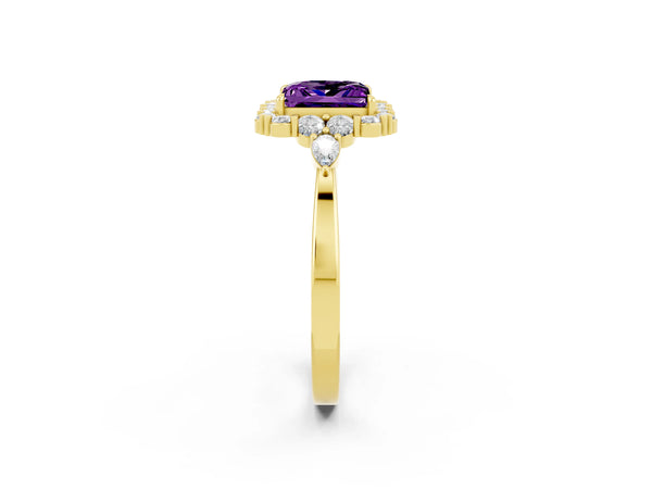 Yellow gold Princess Cut Amethyst Halo Ring with Pear Side Stones and Prong Setting