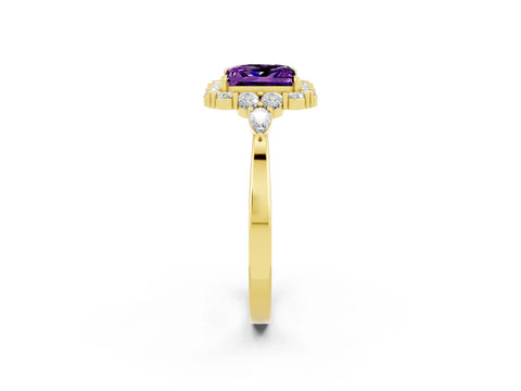 Yellow gold Princess Cut Amethyst Halo Ring with Pear Side Stones and Prong Setting_14