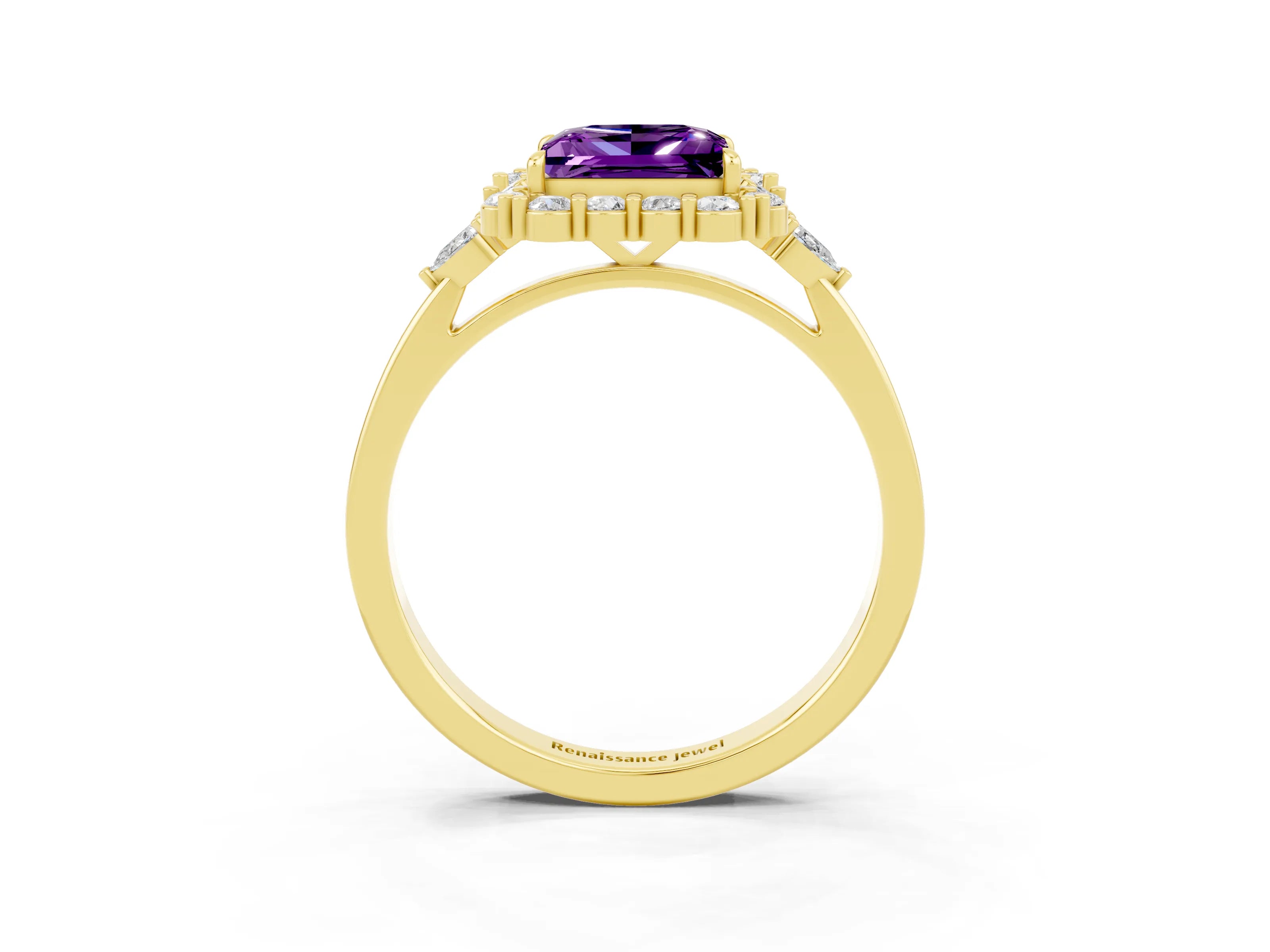 Yellow gold Princess Cut Amethyst Halo Ring with Pear Side Stones and Prong Setting_15