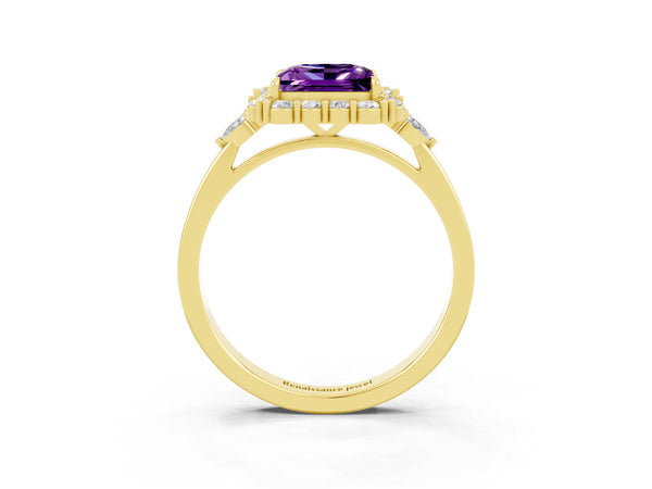 Yellow gold Princess Cut Amethyst Halo Ring with Pear Side Stones and Prong Setting