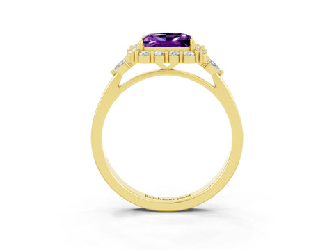 Yellow gold Princess Cut Amethyst Halo Ring with Pear Side Stones and Prong Setting_15