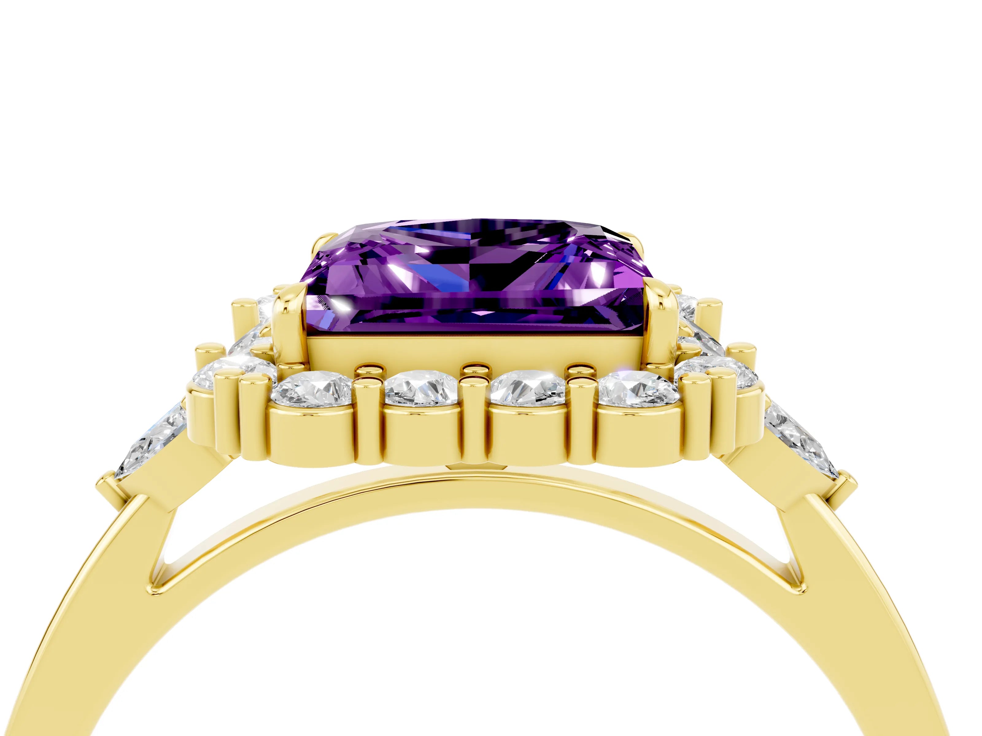 Yellow gold Princess Cut Amethyst Halo Ring with Pear Side Stones and Prong Setting_16