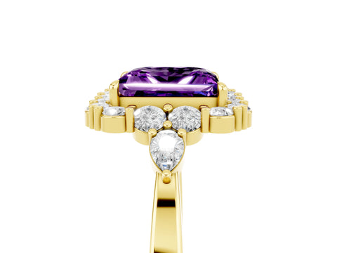 Yellow gold Princess Cut Amethyst Halo Ring with Pear Side Stones and Prong Setting_17