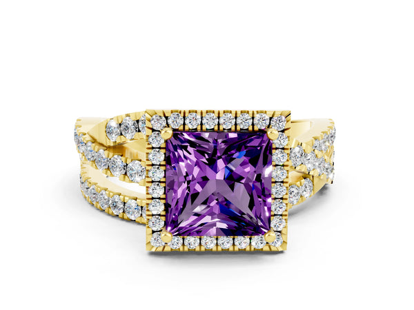 Yellow gold Princess Cut Amethyst Halo Ring with Round Split Shank and Prong Setting