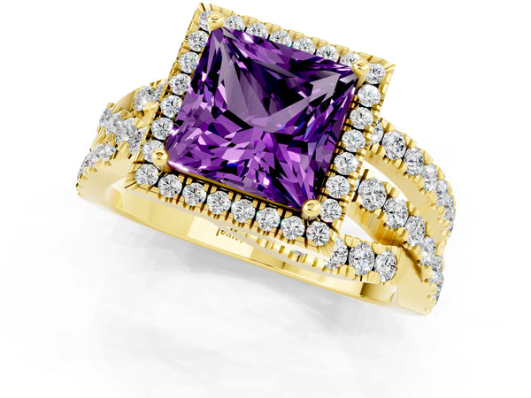 Yellow gold Princess Cut Amethyst Halo Ring with Round Split Shank and Prong Setting