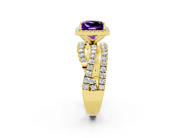 Yellow gold Princess Cut Amethyst Halo Ring with Round Split Shank and Prong Setting
