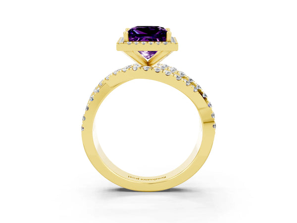 Yellow gold Princess Cut Amethyst Halo Ring with Round Split Shank and Prong Setting