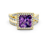 Yellow gold Princess Cut Amethyst Halo Ring with Round Split Shank and Prong Setting_48