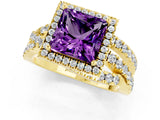 Yellow gold Princess Cut Amethyst Halo Ring with Round Split Shank and Prong Setting_49
