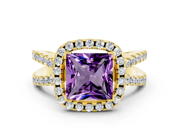 Yellow gold Princess Cut Amethyst Halo Ring with Split Shank Pavé Band and Prong Setting
