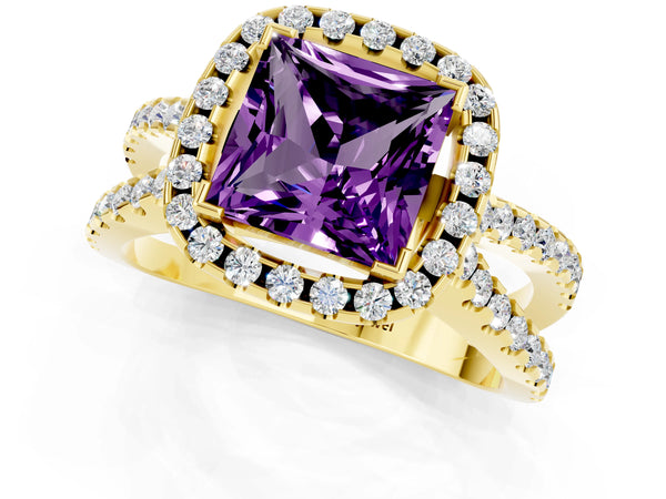Yellow gold Princess Cut Amethyst Halo Ring with Split Shank Pavé Band and Prong Setting