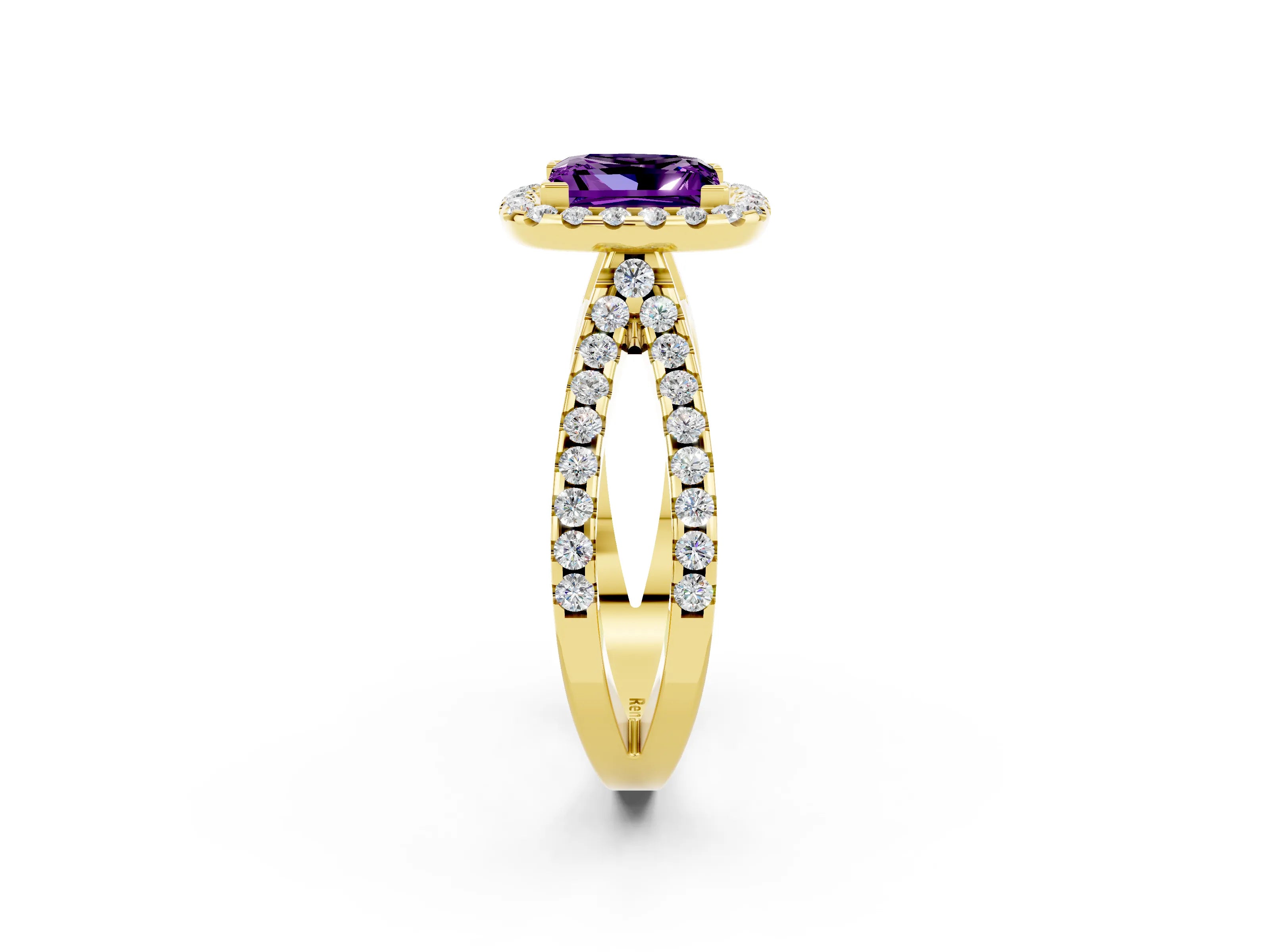Yellow gold Princess Cut Amethyst Halo Ring with Split Shank Pavé Band and Prong Setting_2