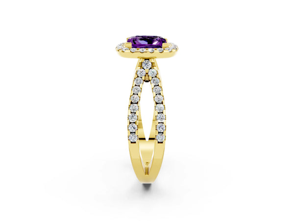 Yellow gold Princess Cut Amethyst Halo Ring with Split Shank Pavé Band and Prong Setting