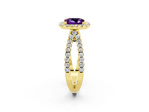 Yellow gold Princess Cut Amethyst Halo Ring with Split Shank Pavé Band and Prong Setting_2
