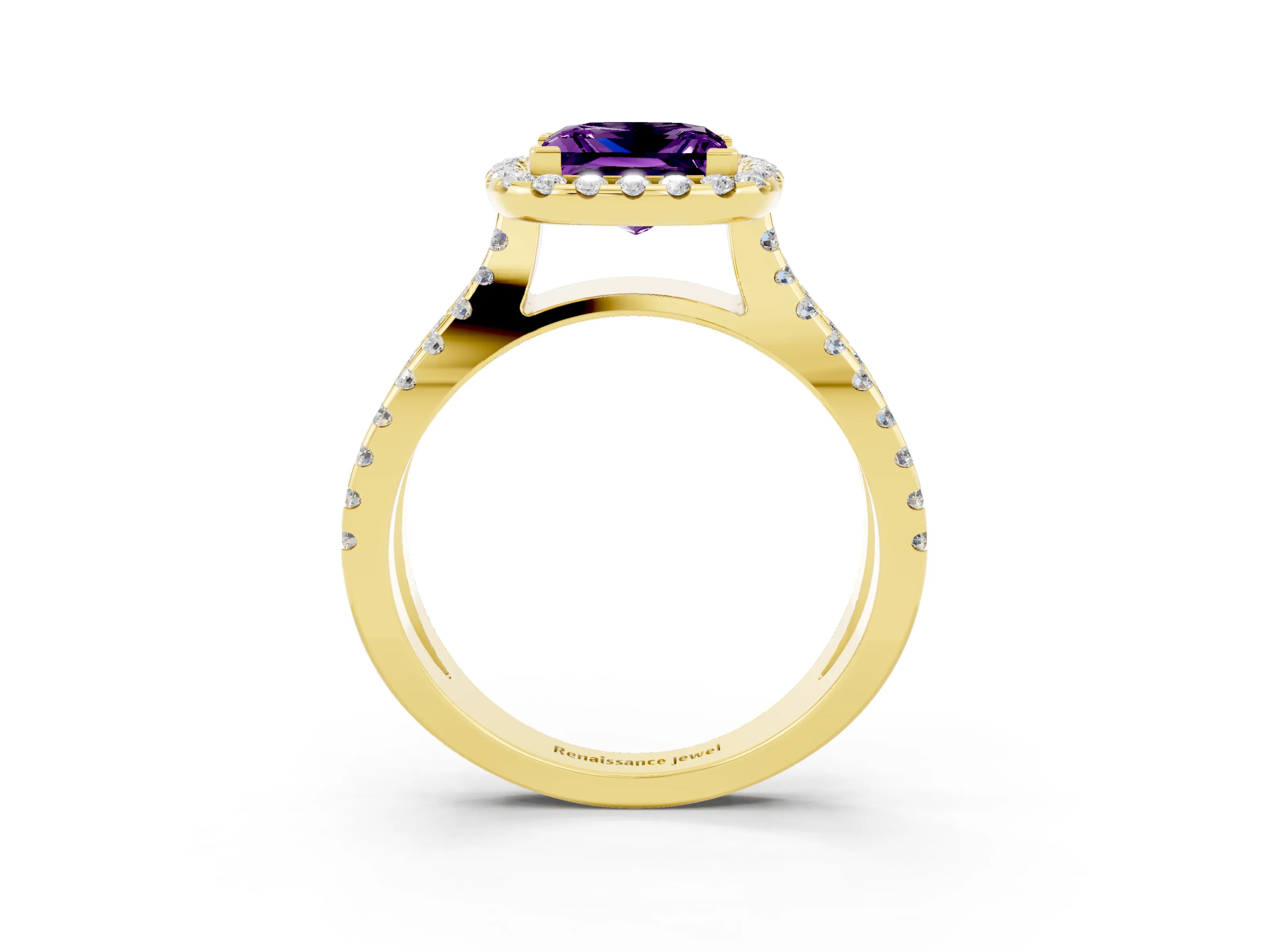 Yellow gold Princess Cut Amethyst Halo Ring with Split Shank Pavé Band and Prong Setting_3