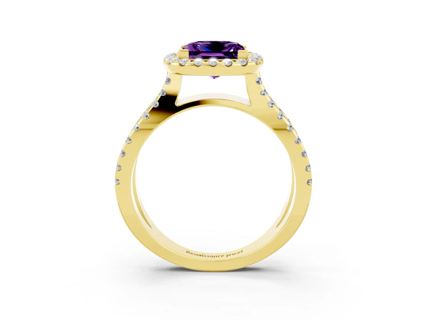 Yellow gold Princess Cut Amethyst Halo Ring with Split Shank Pavé Band and Prong Setting