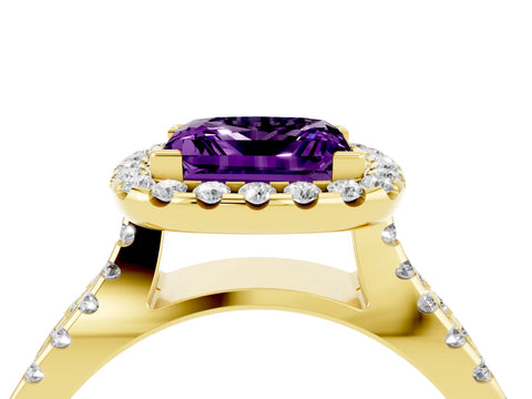 Yellow gold Princess Cut Amethyst Halo Ring with Split Shank Pavé Band and Prong Setting_4