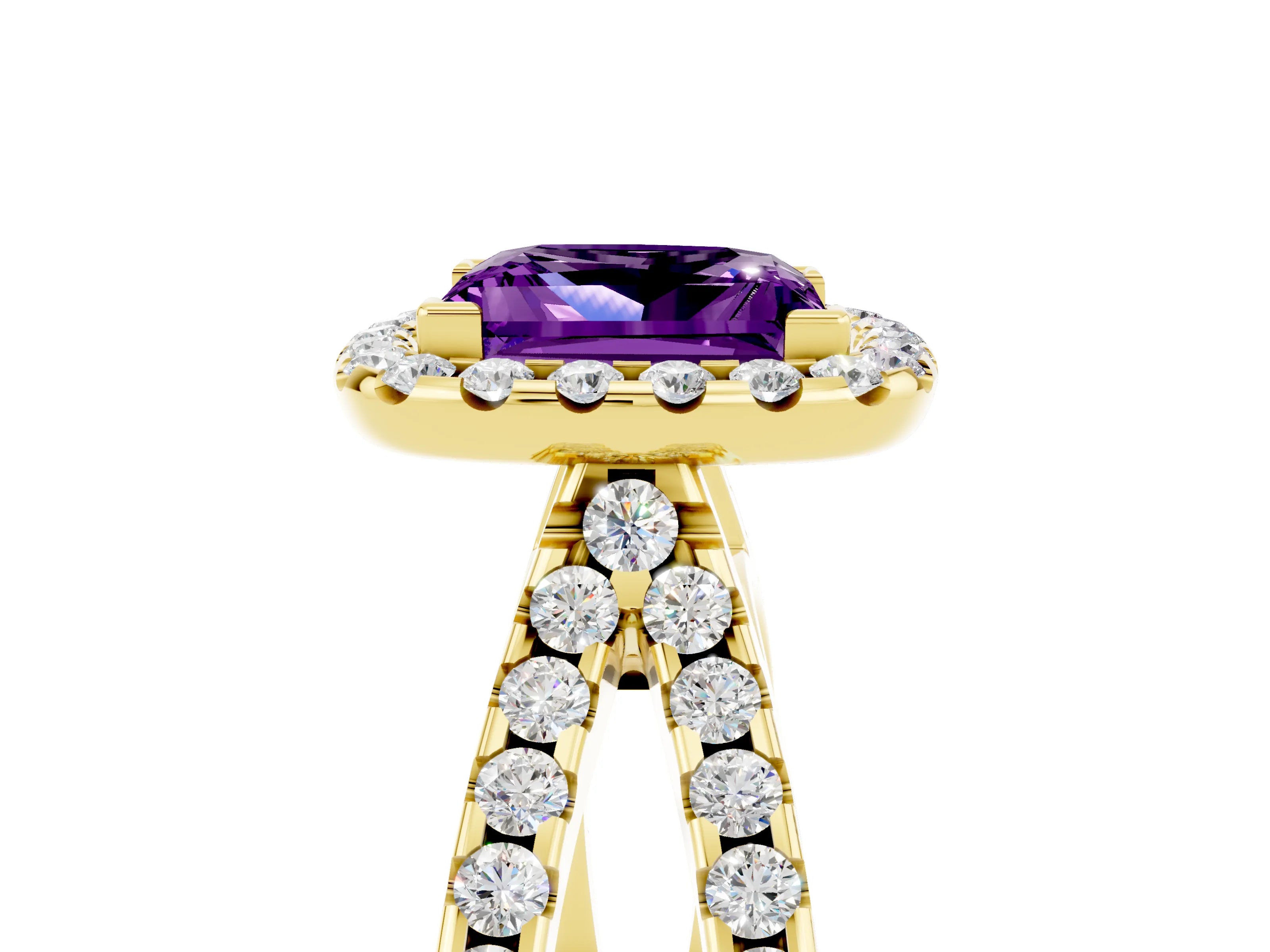 Yellow gold Princess Cut Amethyst Halo Ring with Split Shank Pavé Band and Prong Setting_5