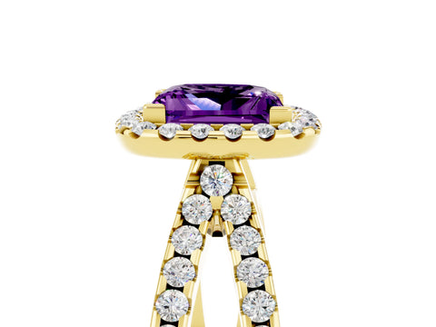 Yellow gold Princess Cut Amethyst Halo Ring with Split Shank Pavé Band and Prong Setting_5
