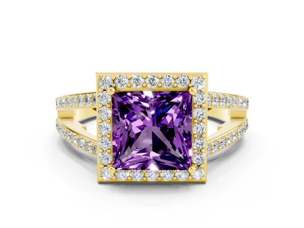 Yellow gold Princess Cut Amethyst Halo Ring with Split Shank U-Prong Band and Four-Prong Setting
