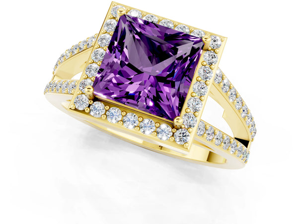 Yellow gold Princess Cut Amethyst Halo Ring with Split Shank U-Prong Band and Four-Prong Setting