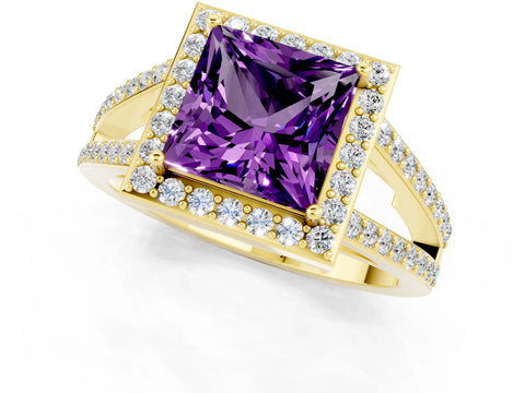 Yellow gold Princess Cut Amethyst Halo Ring with Split Shank U-Prong Band and Four-Prong Setting_1